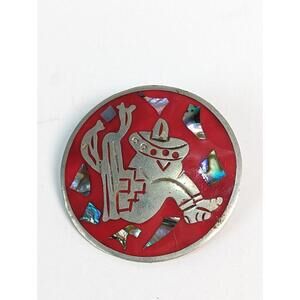 Vtg Alpaca Hecho En Mexico Brooch Pendant Pin Sleeping Siesta Man Red Enamel